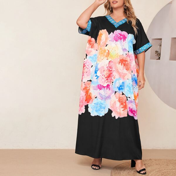 

Plus Contrast Tape Trim Floral Print Kaftan, Multicolor