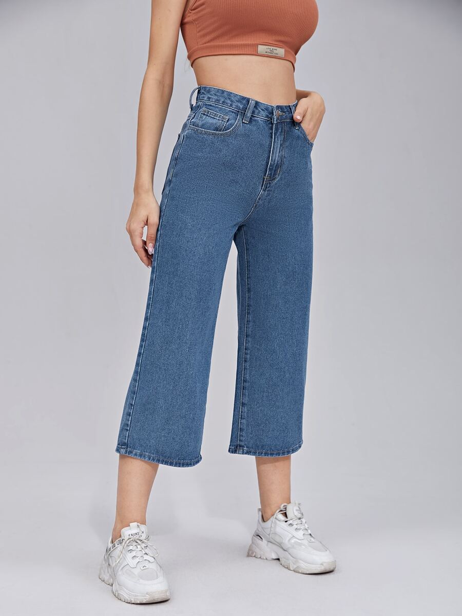 SHEIN Frenchy 拉鏈門襟寬腿短版牛仔褲