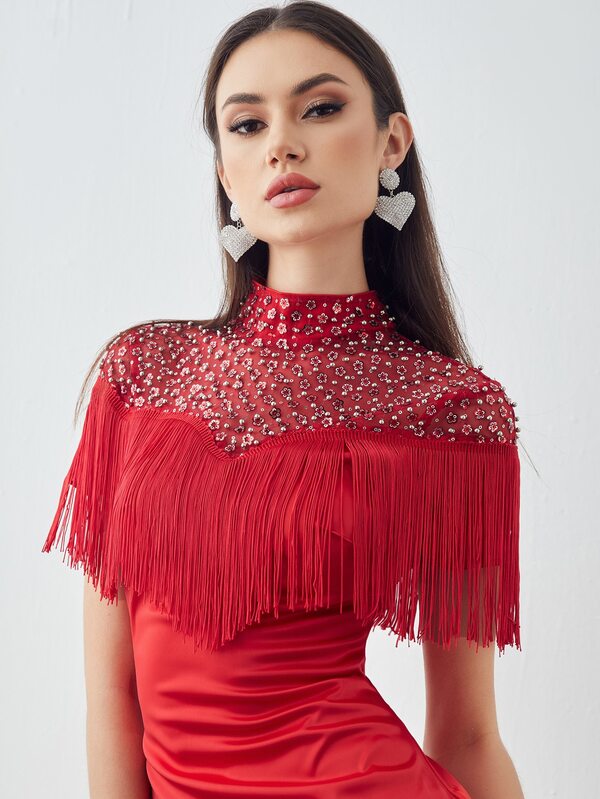 Fringe Trim Beaded Mock Neck Dress SHEIN USA