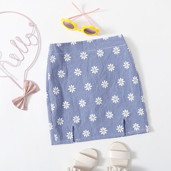

Girls Floral & Gingham Print M-slit Hem Skirt, Multicolor