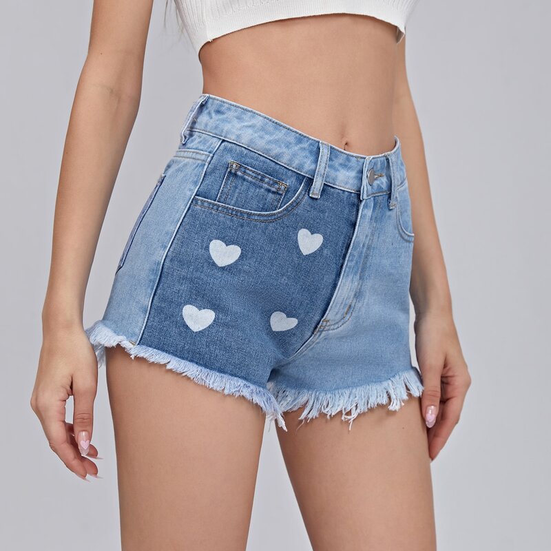 

Zipper Fly Heart Pattern Raw Hem Denim Shorts, Medium wash