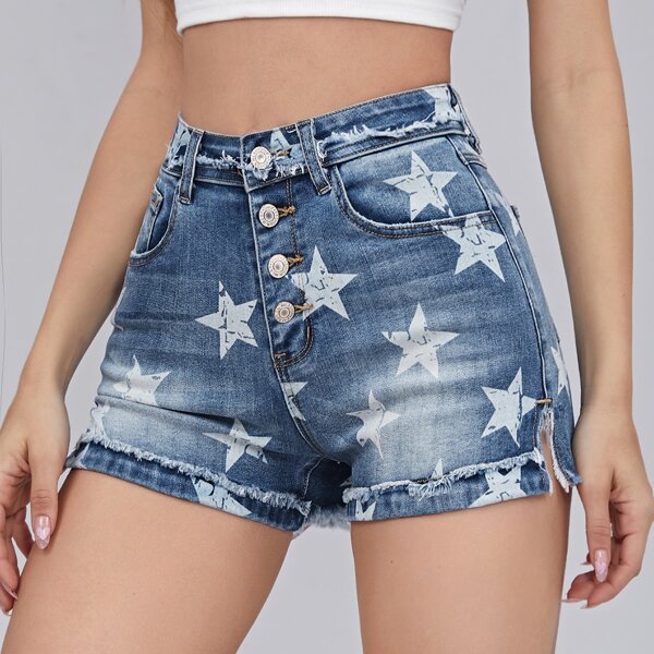 

Button Fly Star Pattern Raw Hem Denim Shorts, Multicolor