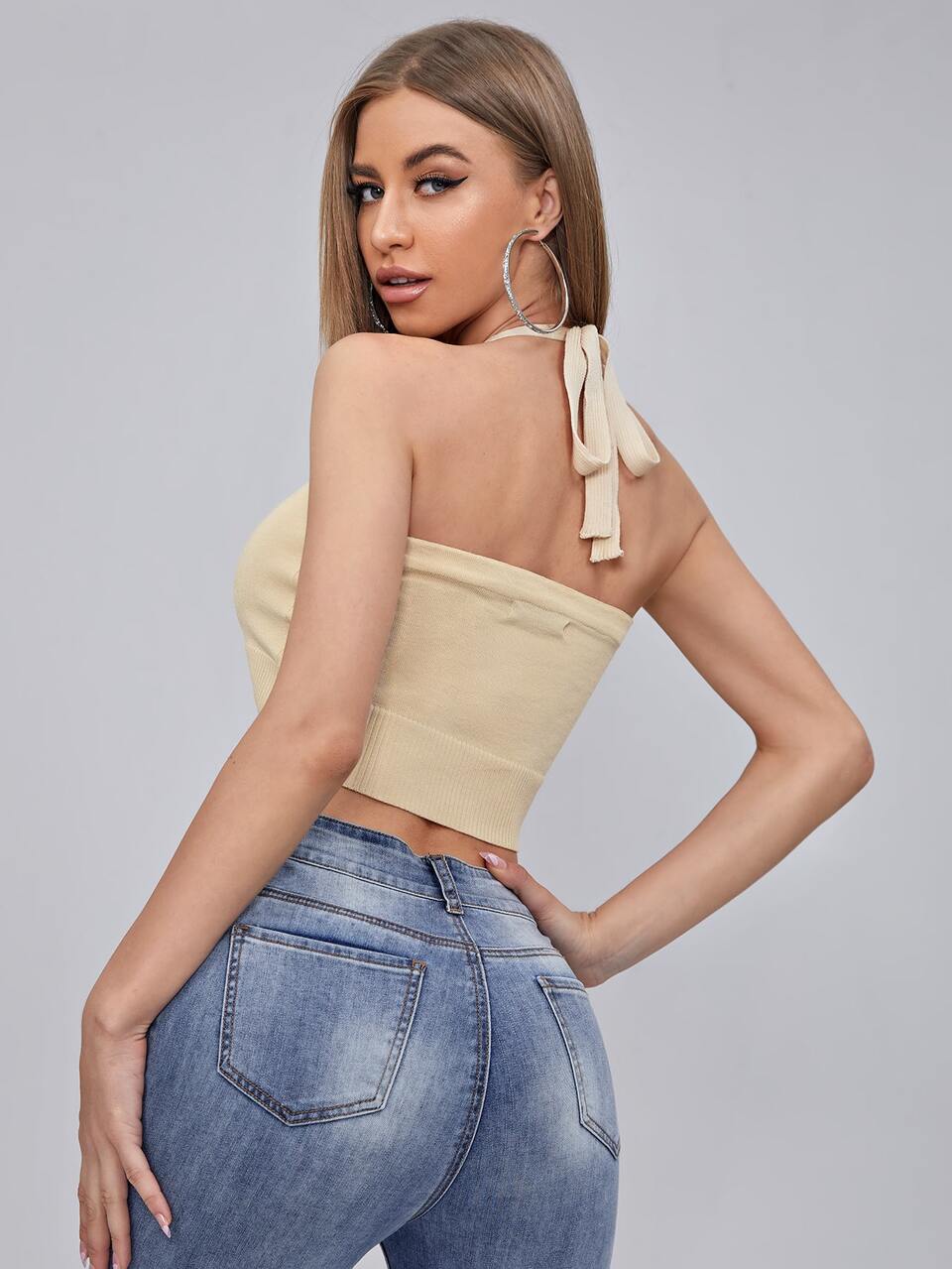 Tie Back Solid Crop Halter Knit Top