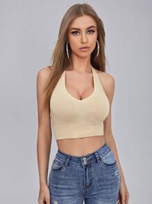 SHEIN Knit ngọn Buộc lại màu trơn Boho - Màu be - Xem 4