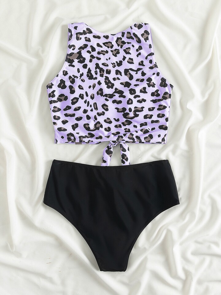 Leopard Knot Hem High Waisted Bikini Swimsuit SHEIN USA