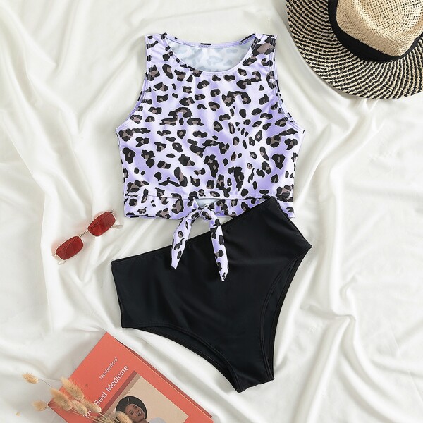 

Leopard Knot Hem High Waisted Bikini Swimsuit, Multicolor