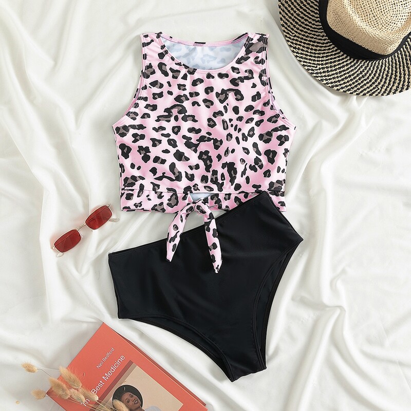 

Leopard Knot Hem High Waisted Bikini Swimsuit, Multicolor