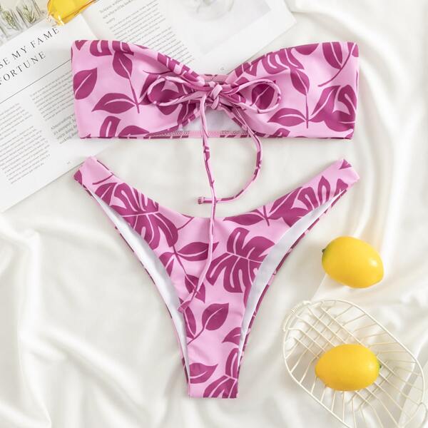 

Leaf Random Print Bandeau Bikini Swimsuit, Pink