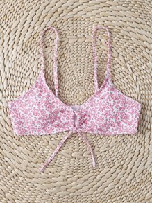 Swim Mod Summer Beach Ditsy Floral Tie Front Bikini Top - Pink - View 3
