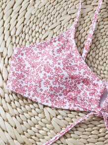 Swim Mod Summer Beach Ditsy Floral Tie Front Bikini Top - Pink - View 4