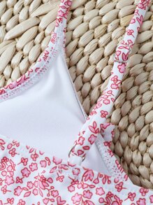 Swim Mod Summer Beach Ditsy Floral Tie Front Bikini Top - Pink - View 5