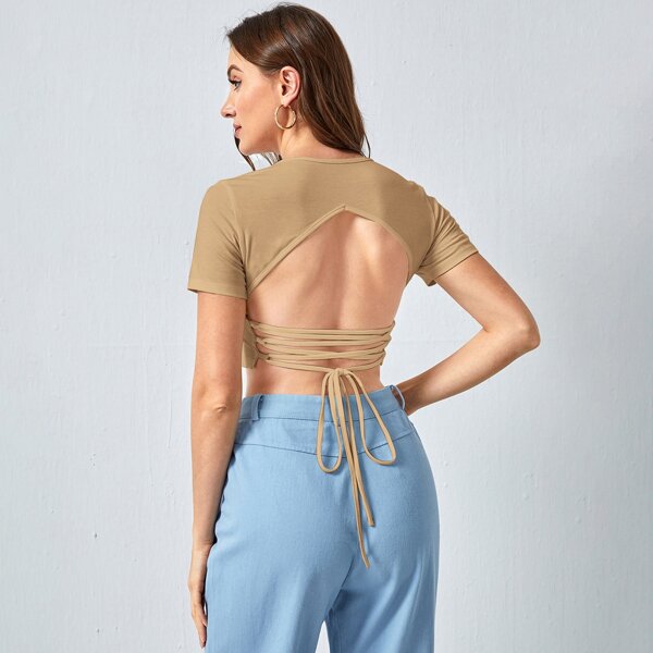 

Tie Back Backless Crop Tee, Khaki