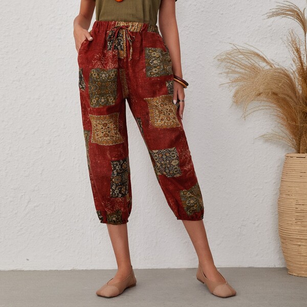 

Patchwork Print Tie Front Pants, Multicolor