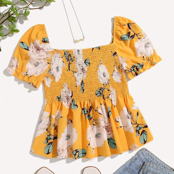 

Plus Floral Print Shirred Ruffle Hem Blouse, Mustard yellow