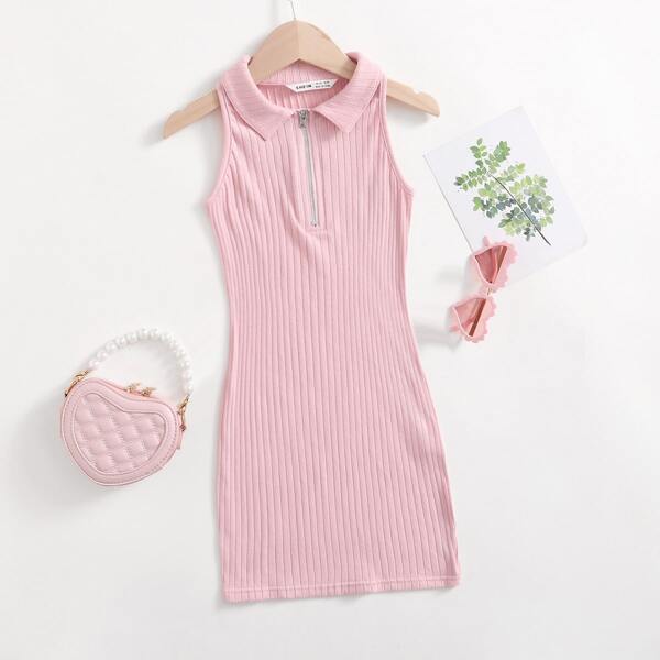 

Girls Zip Half Placket Rib Knit Dress, Baby pink