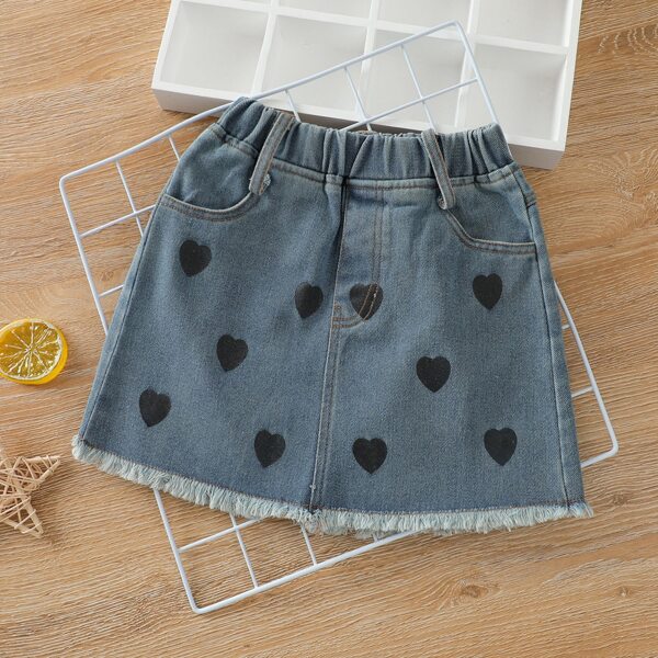 

Toddler Girls Heart Print Raw Hem Denim Skirt, Medium wash