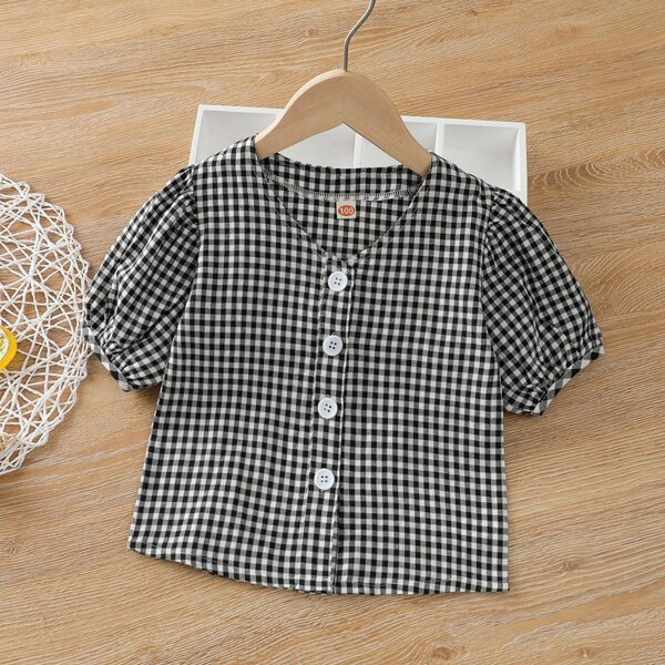 

Toddler Girls Gingham Print Button Up Blouse, Black and white