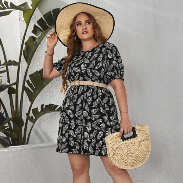 

Plus Allover Plants Print A-line Dress Without Belted, Black