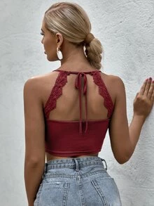 SHEIN لباس علوي مفتوح خلفي معقود مقلم دانتيل مزخرف