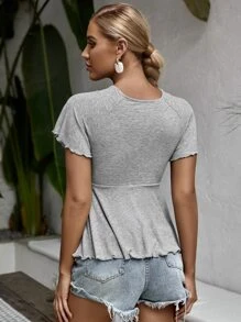 SHEIN Privé 深V領羅紋針織荷葉邊下擺上衣 - 灰色 - 查看 2