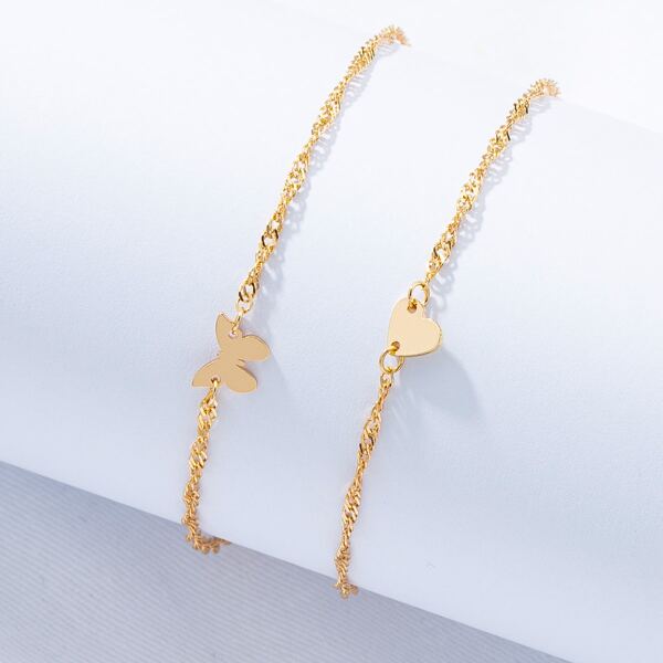 

2pcs Heart & Butterfly Decor Anklet, Gold