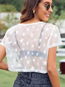 SHEIN EZwear 星星圖案網紗透明上衣不附帶胸罩
