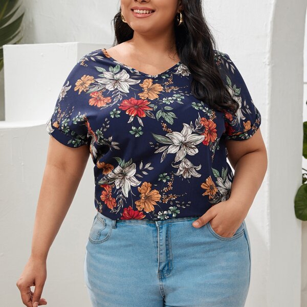 

Plus Floral Roll Up Sleeve Top, Multicolor