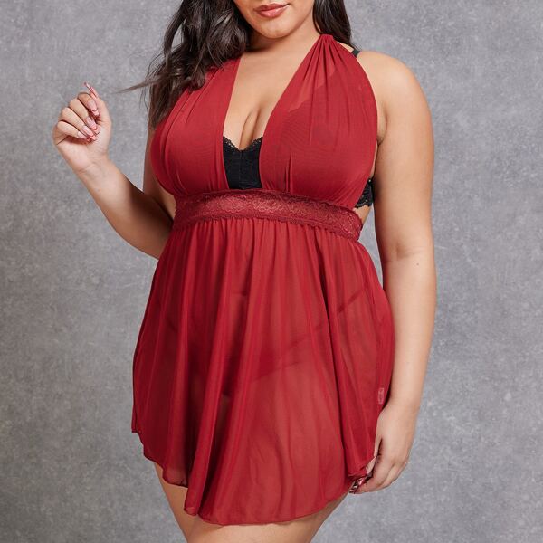 

Plus Sheer Mesh Halter Dress With Thong, Burgundy