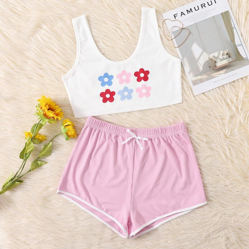 

Floral Tank Top & Bow Shorts PJ Set, Multicolor