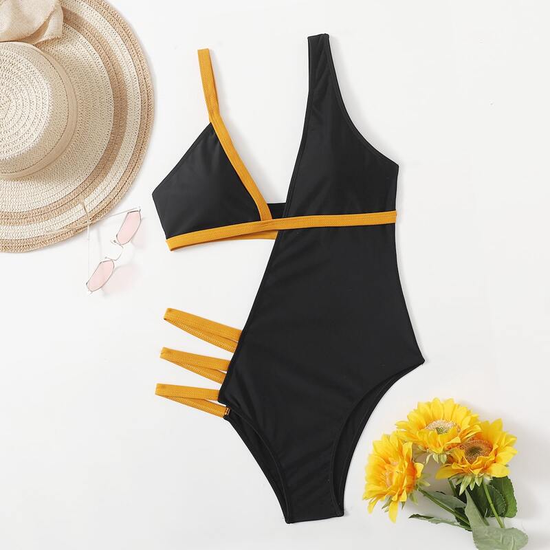 

Asymmetrical Neck Cut-out One Piece Swimsuit, Multicolor