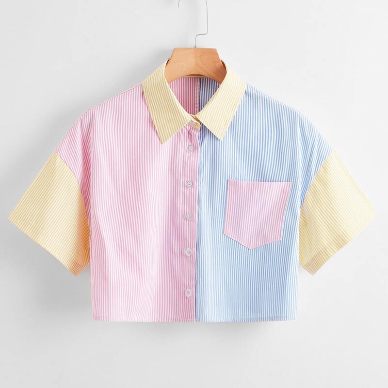 

Colorblock Striped Button Front Blouse, Pink