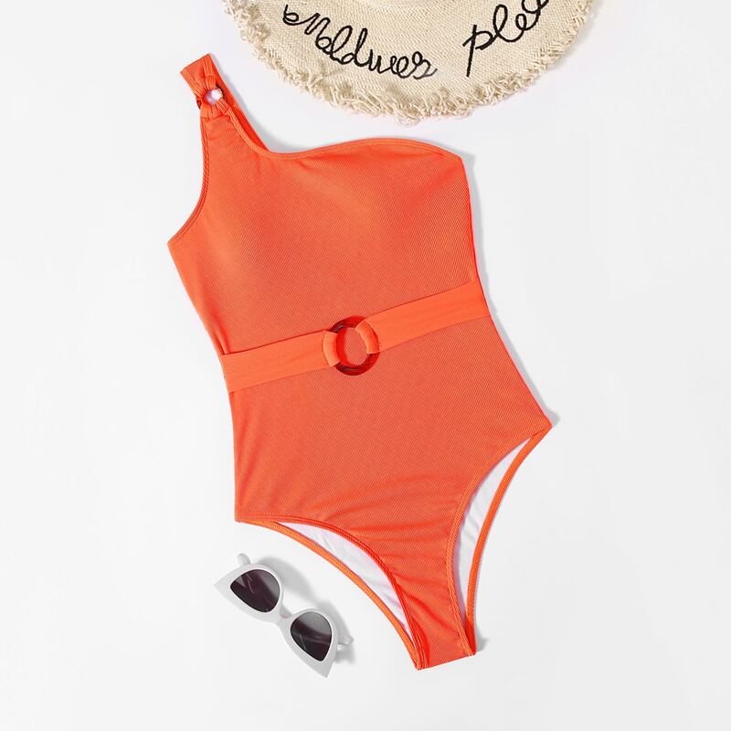 

Ring Decor One Shoulder One Piece Swimsuit, Orange