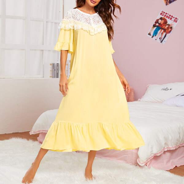 

Contrast Lace Ruffle Hem Night Dress, Yellow