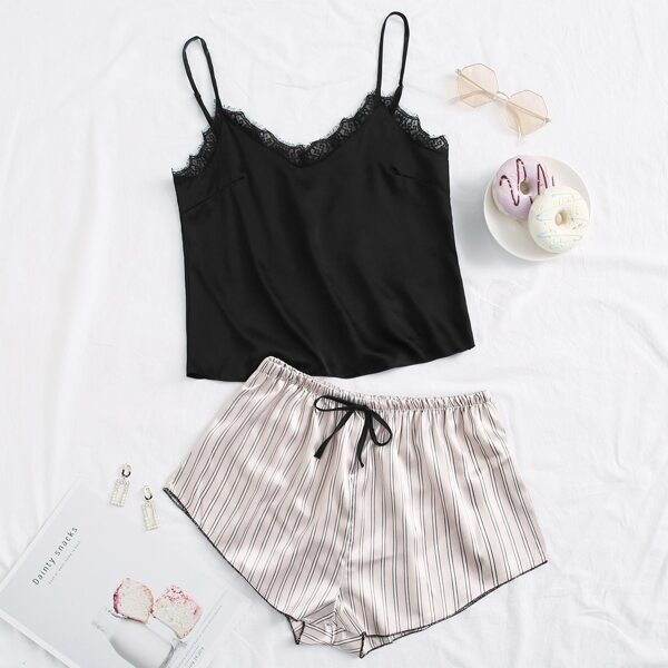 

Contrast Lace Striped Cami Night Set, Multicolor