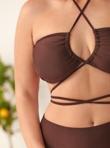 Plus Size Criss Cross Cut Out Bikini Set Summer Beach - Coffee Brown - View 4
