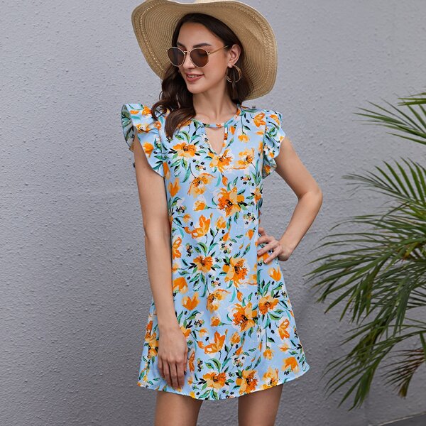

Keyhole Back Ruffle Armhole Floral Dress, Multicolor