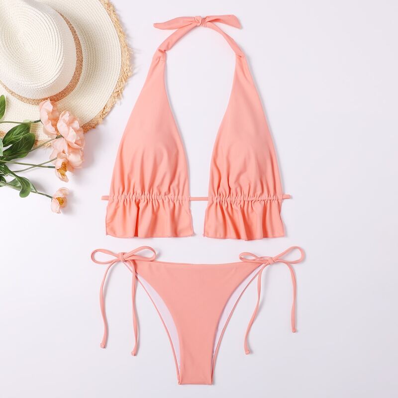 

Ruffle Hem Tie Side Bikini Swimsuit, Pink