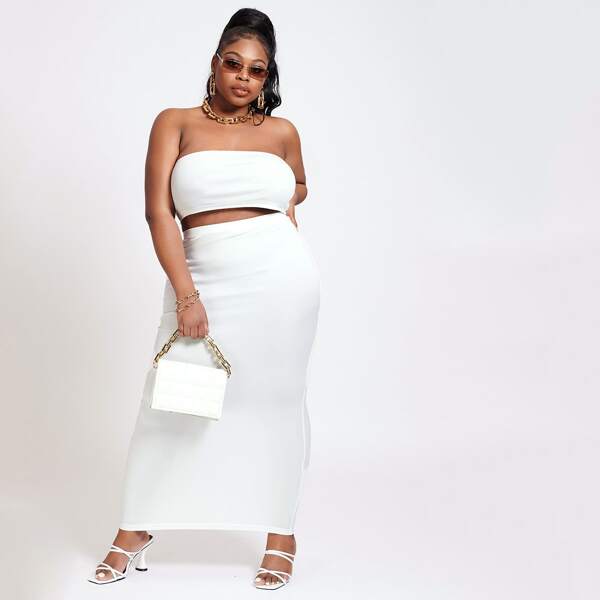 

Plus Solid Crop Tube Top With Skirt, White