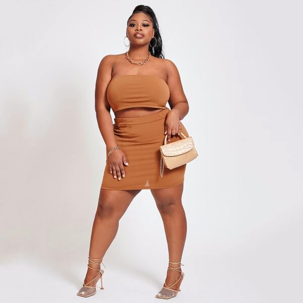 

Plus Solid Tube Top & Bodycon Skirt, Khaki