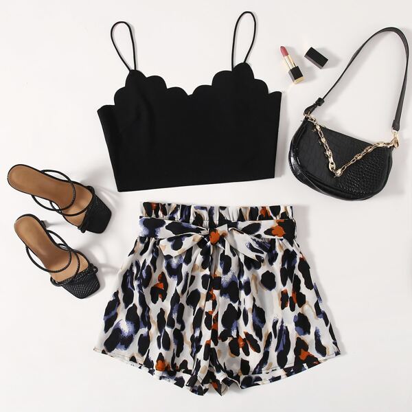 

Plus Scallop Trim Cami Top & Allover Print Shorts Set, Black