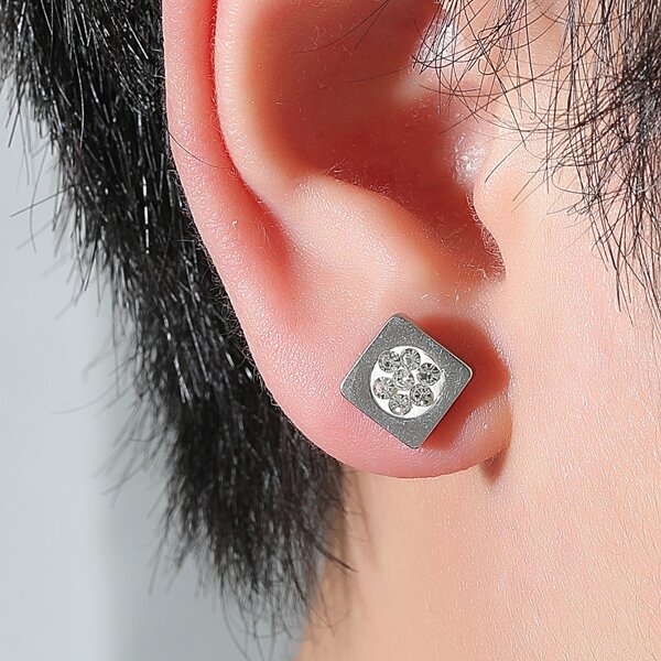 

Men Rhinestone Decor Stud Earrings, Silver