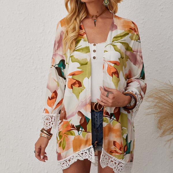

Floral Print Contrast Lace Kimono, Multicolor
