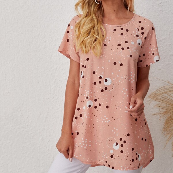 

Polka Dot Raglan Sleeve High Low Hem Blouse, Pink