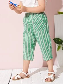 SHEIN 小男童斜口袋條紋七分褲子 - 綠色 - 查看 1