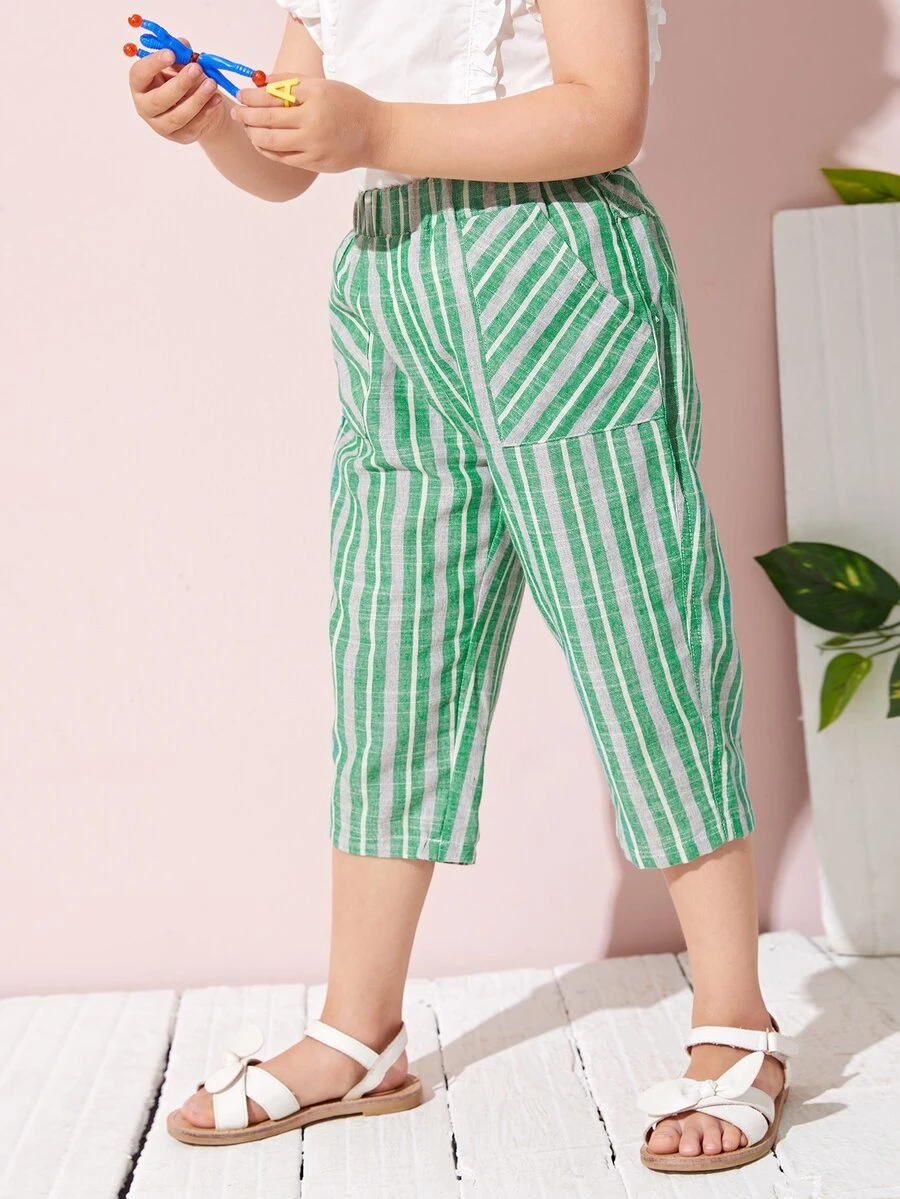 SHEIN 小男童斜口袋條紋七分褲子 - 綠色 - 查看 1