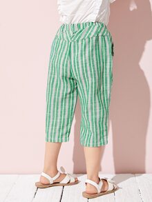 SHEIN 小男童斜口袋條紋七分褲子 - 綠色 - 查看 2