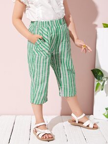 SHEIN 小男童斜口袋條紋七分褲子 - 綠色 - 查看 4