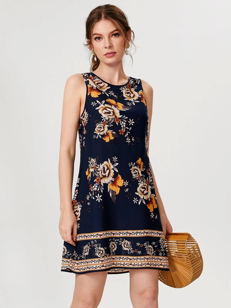 SHEIN Clasi Sleeveless Floral Print Dress - Navy Blue - View 1