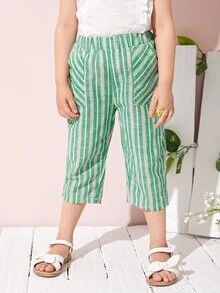 SHEIN 小男童斜口袋條紋七分褲子 - 綠色 - 查看 5
