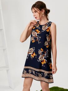 SHEIN Clasi Sleeveless Floral Print Dress - Navy Blue - View 4